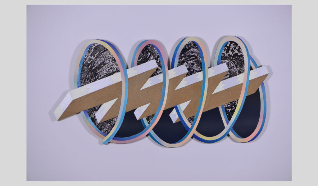 Mircea Popescu: Untitled (Light Loops) (2018, acrylic, linocut on wood panel)  Kép forrása: Q Contemporary